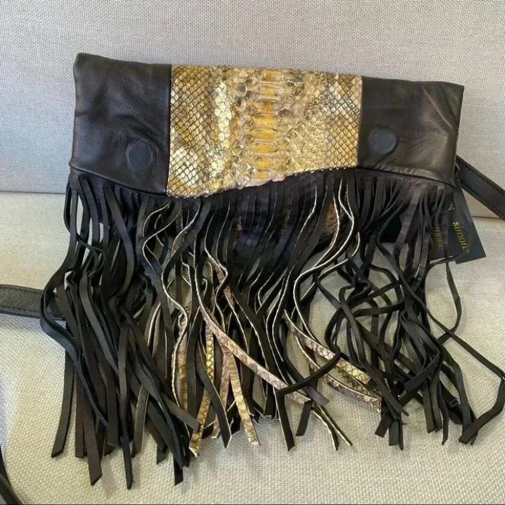 NWT Tarryn Simone Elsee Fringe Leather Crossbody Bag Black Gold Snake